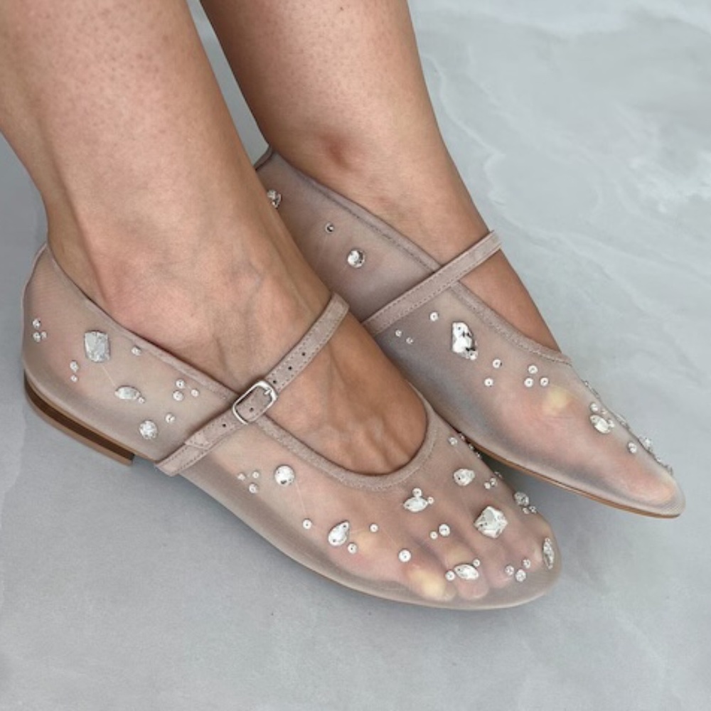 Crystal rhinestone strap Mary Jane mesh ballet flats